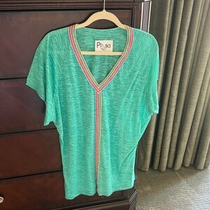 Pitusa Teal V-Neck Short Sleeve coverup with Contrast Trim- size Petite